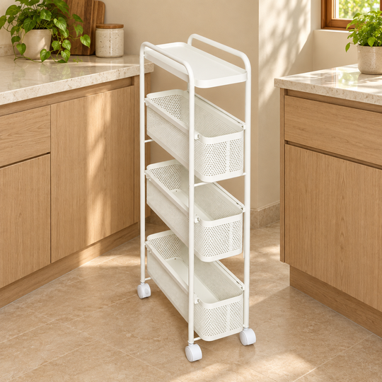 Slim Pull-Out Organizer Trolley in a modern kitchen