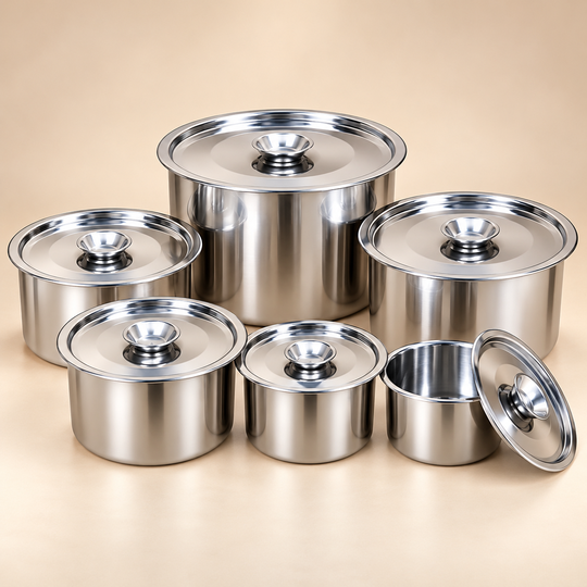 Multipurpose Steel Storage Set arranged with matching stainless steel lids