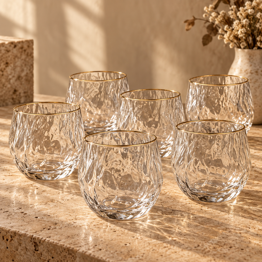 Wavy Gold Rim Glass Set - six glass hero