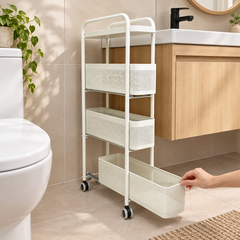 Pull-out basket demonstration in a bathroom