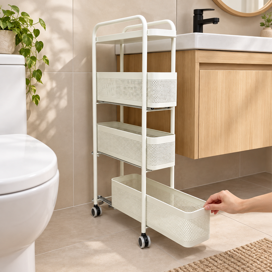 Pull-out basket demonstration in a bathroom