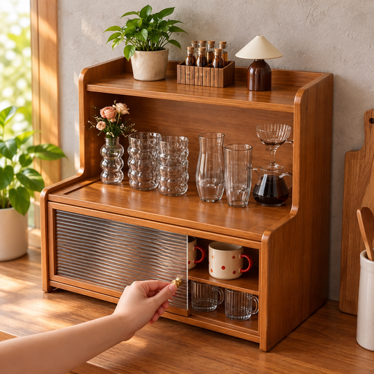 Vintage Sliding Door Countertop Shelf with lower door open