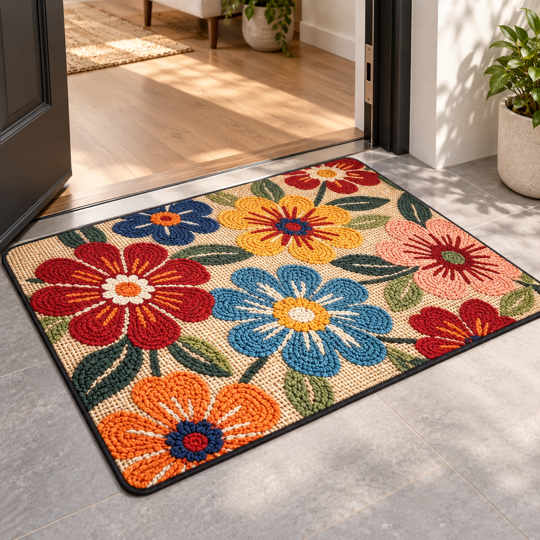 BloomAura Floral Door Mat at a doorway