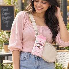 Young woman wearing a sling bag with pink kitty sunglasses pouch attached