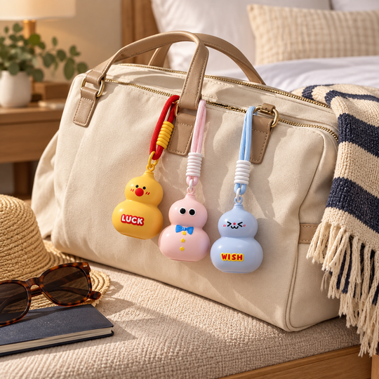 Three Cute Gourd Mini Storage Keychains hanging from a travel bag