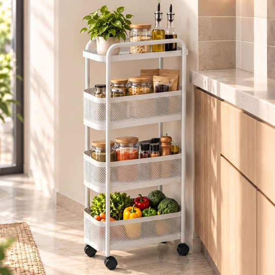 Slim organizer trolley holding kitchen essentials