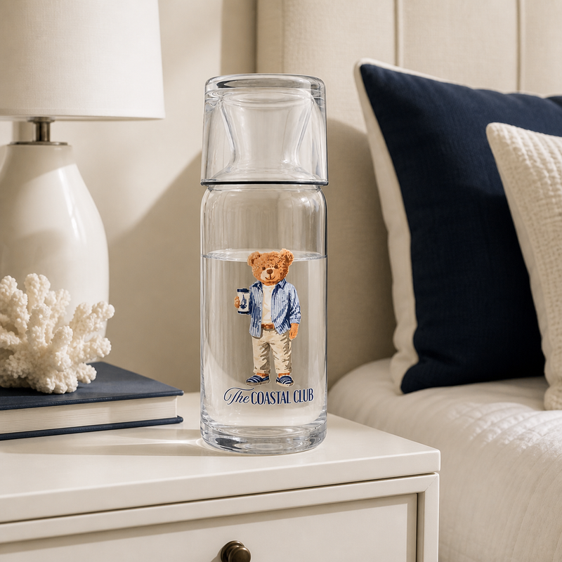Teddy Bear Glass Bottle on a bedside table