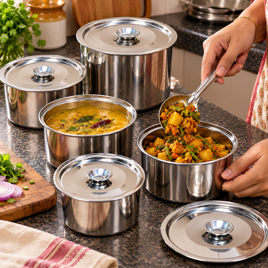 Leftover dal and sabzi being stored in stainless steel containers