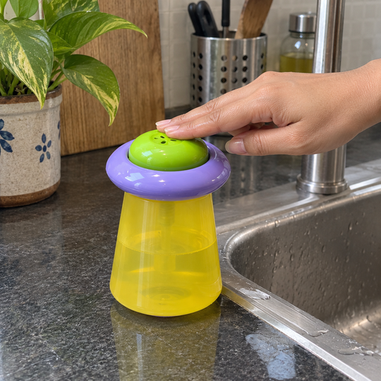 Hand pressing sponge on soap dispenser