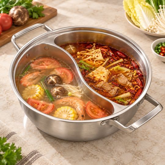 Uncovered two-compartment stainless-steel cooking pot