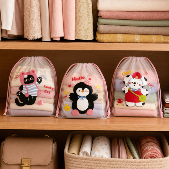 Character organizers on a wardrobe shelf