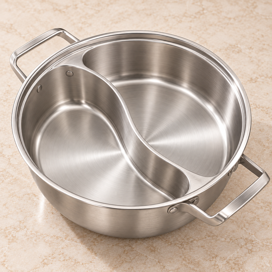 Empty cooking pot showing the curved divider and side handles