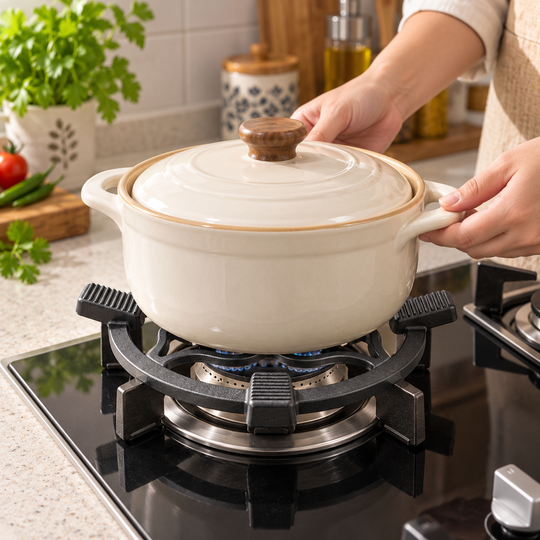 WokMate Stove Support Stand supporting a covered pot