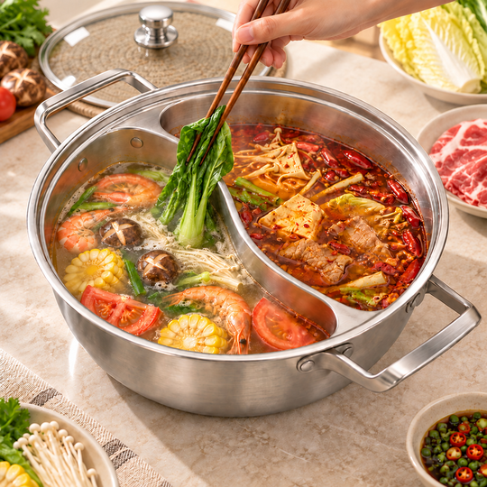 Serving from the two-compartment cooking pot with glass lid nearby