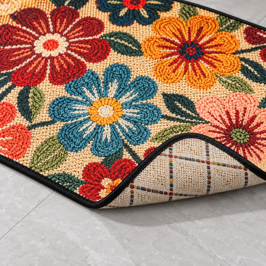 BloomAura Floral Door Mat edge and checked backing