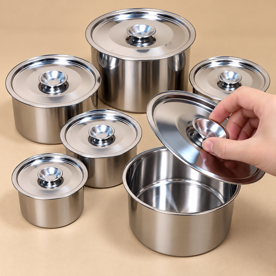 Close view of fitted steel lids with easy-lift cup knobs