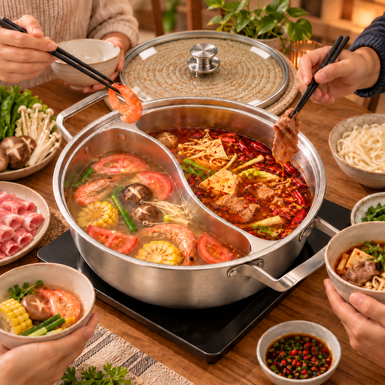 Shared tabletop meal with the full-size glass lid