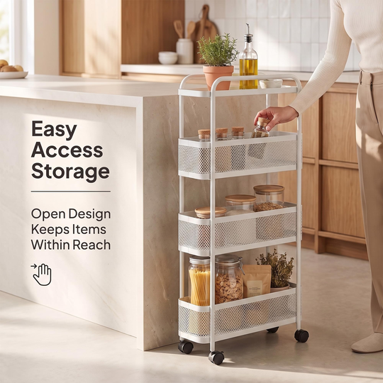 Easy-access storage trolley with ventilated baskets