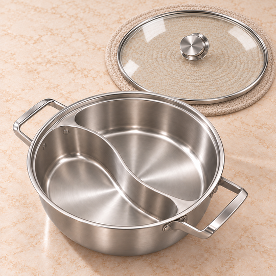 Empty divided cooking pot with the full-size glass lid placed flat