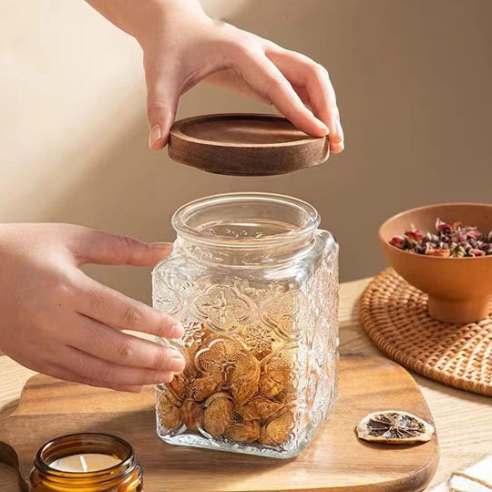 Wooden Lid Glass Storage Jar