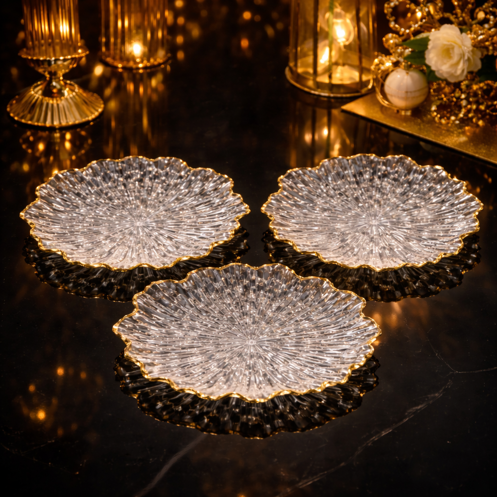 Crystal Glass Serving Plates(Small size) – Finished with a refined gold-rim edge