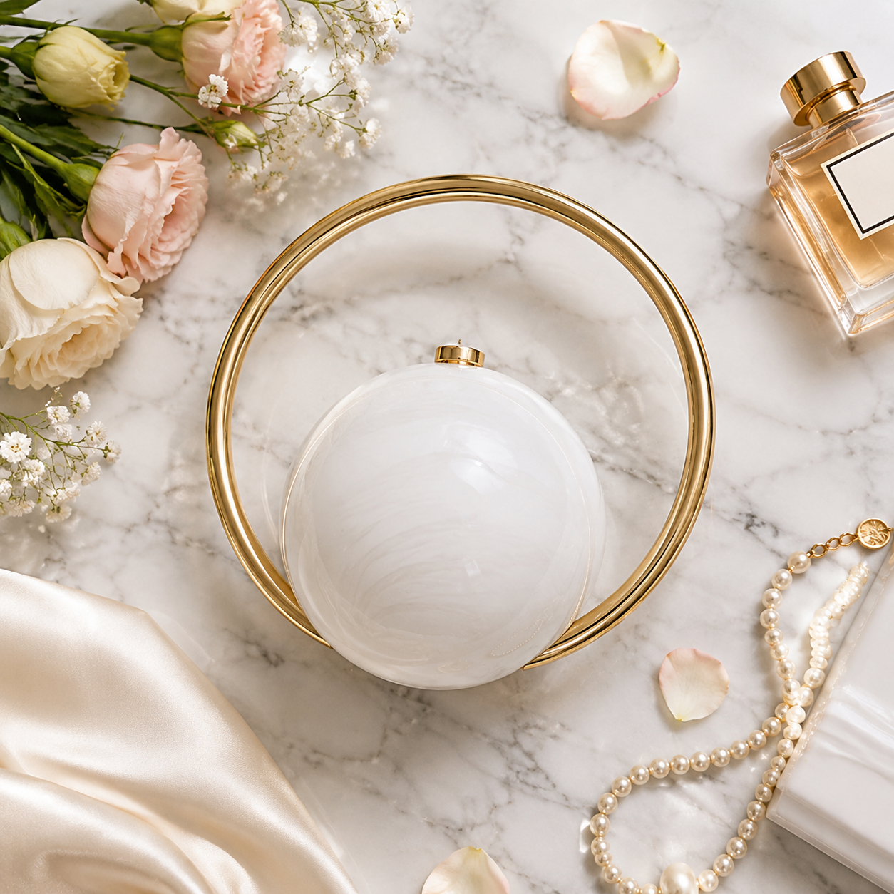 Luxury Round Clutch Bag (White) – Premium Gold Ring Handle