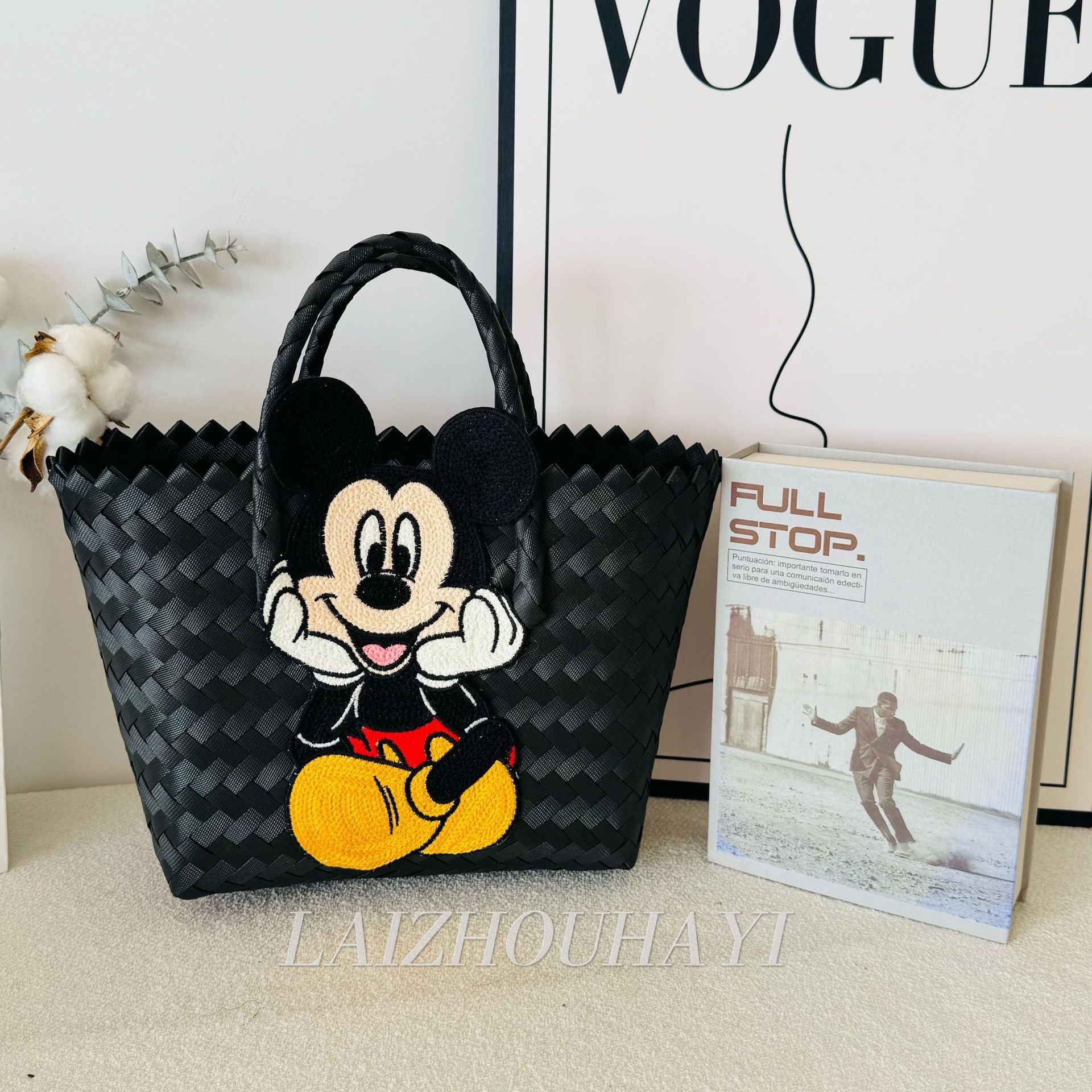 Mickey Woven Tote Bag – Cute Mickey embroidered patch