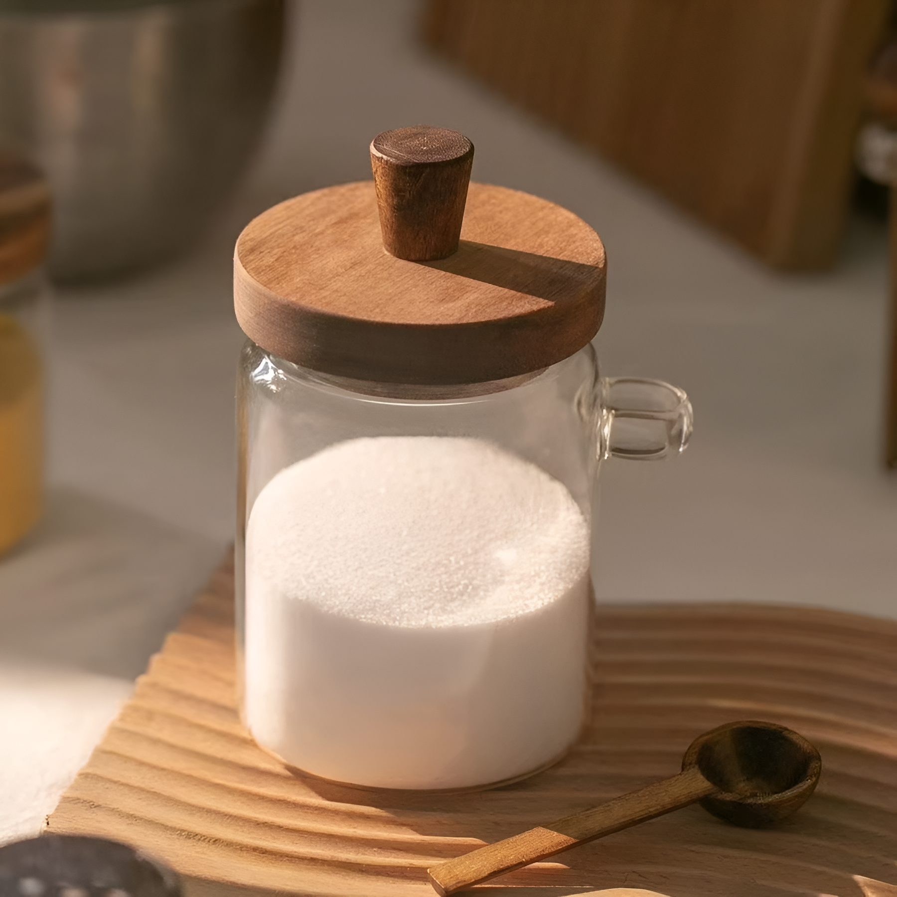 Glass Jar With Wooden Spoon(600 ML) – Durable thick glass body