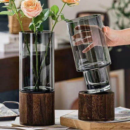 Wooden Base Glass Vase