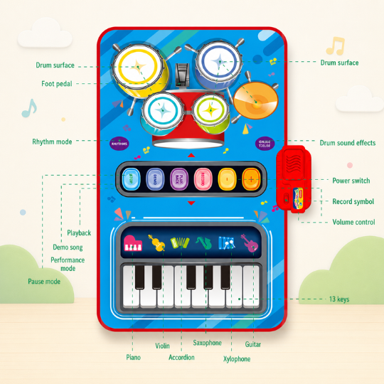2-in-1 Kids Piano and Drum Play Mat – Piano Keyboard Play