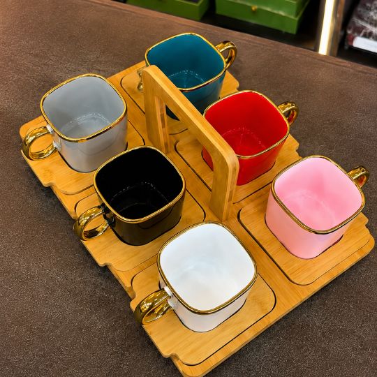 Luxury Teacup Set with Wooden Tray