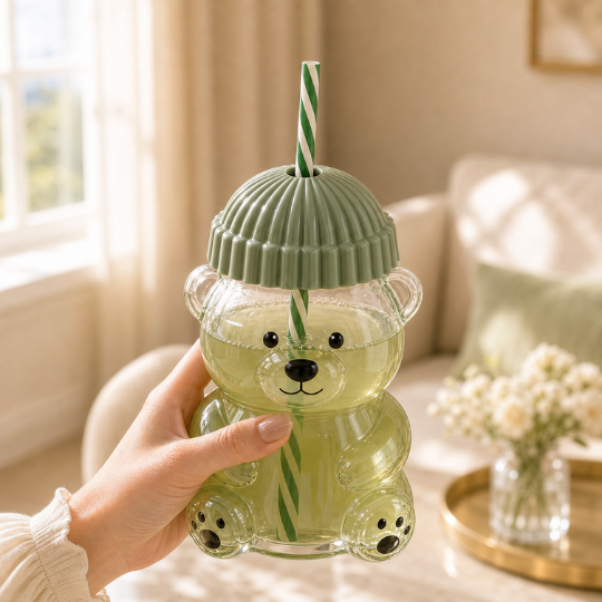 Bear Glass Cup - Sage Green