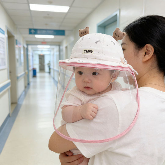 Baby wearing bear-detail face shield hat while held