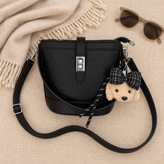 Black Teddy Charm Sling Bag - complete strap flat lay