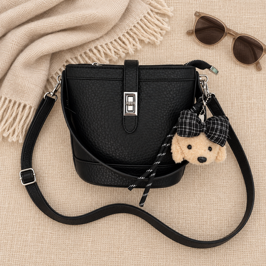Black Teddy Charm Sling Bag - complete strap flat lay