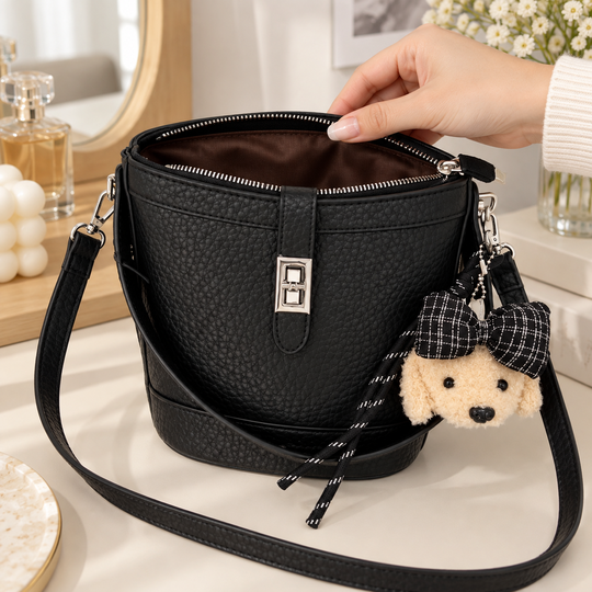 Black Teddy Charm Sling Bag - open zipper and interior