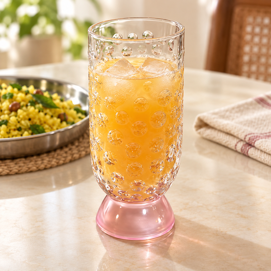 Bubble Drinking Glass serving chilled orange juice at breakfast