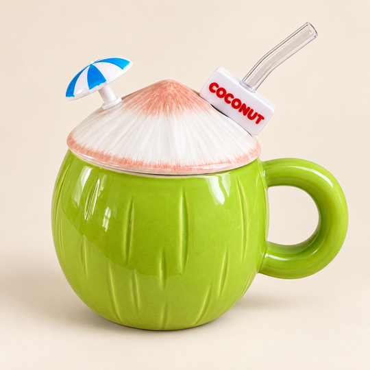 Coconut Ceramic Mug with blue-and-white umbrella, lid and clear straw