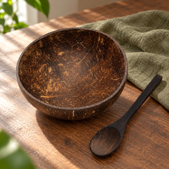 Coconut Shell Bowl and Spoon on a warm wooden serving table
