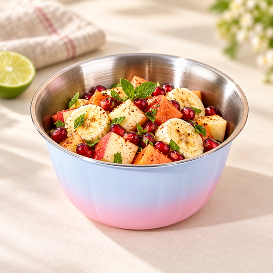 Colourful Steel Serving Bowls — fruit chaat