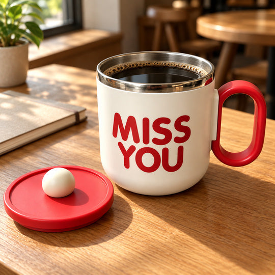 Red Cozy Sip Mug with coffee and lid beside it