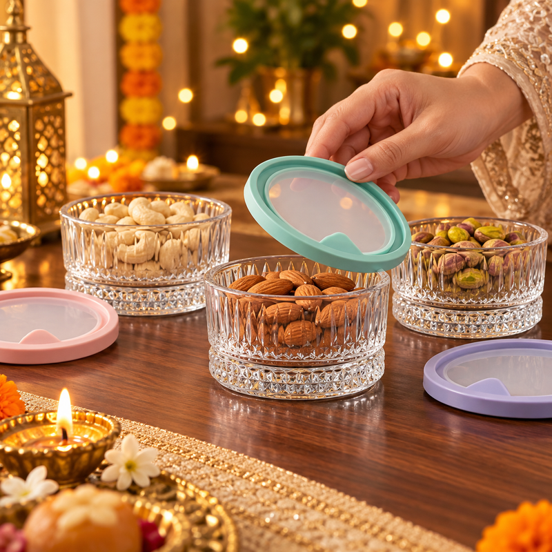 Crystal Charm Glass Bowl with Lid - Diwali serving scene 5