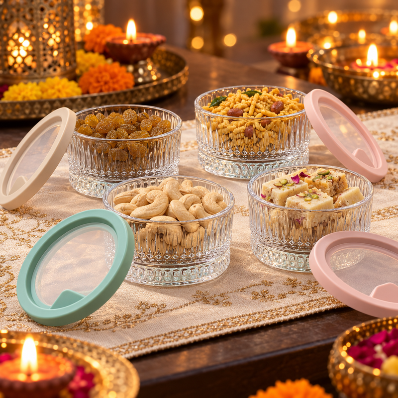 Crystal Charm Glass Bowl with Lid - Diwali serving scene 6