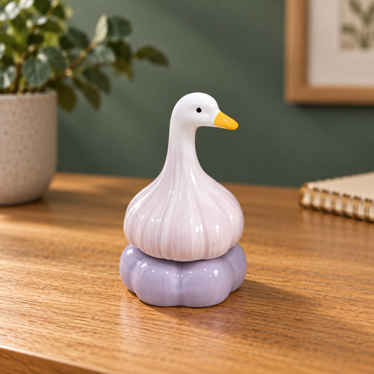 Dancing Duck Buddy pink ornament on lavender base on a wooden desk