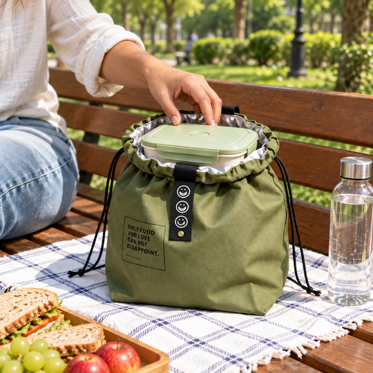 Olive Drawstring Insulated Bag in picnic use