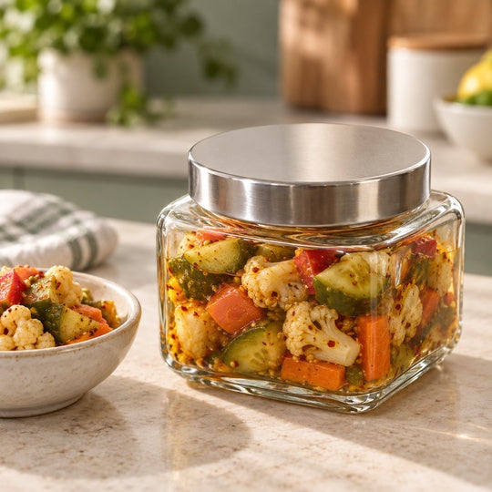 Everyday Square Pantry Jar with prepared vegetables