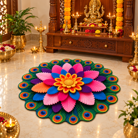 Feather Flower Floor Mat in a festive pooja setting