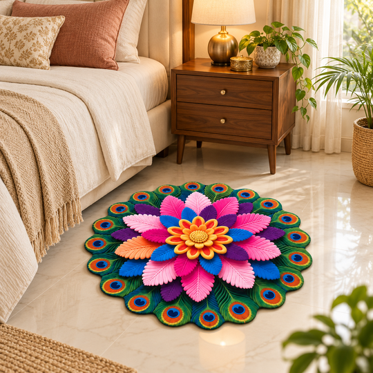 Feather Flower Floor Mat beside a bed