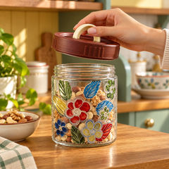 Floral Glass Storage Jar open wide mouth