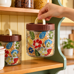 Floral Glass Storage Jar carry handle